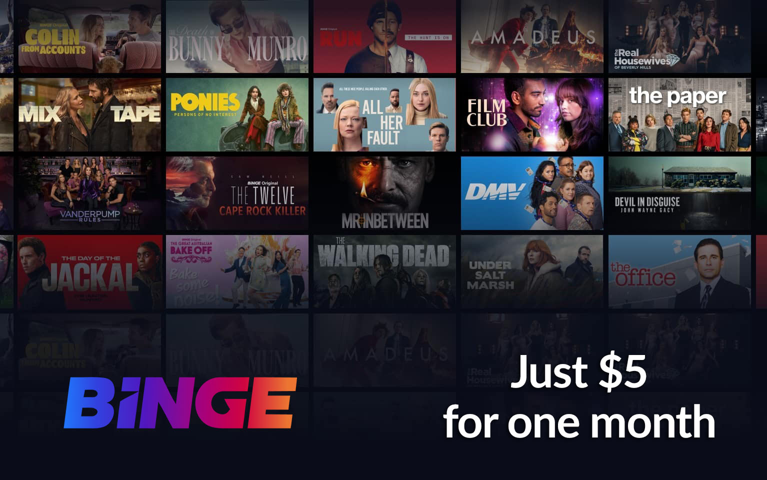 Collection of images from tv shows on Binge with Binge logo on bottom left corner and white writing that says 'Just $5 for one month' on the bottom right