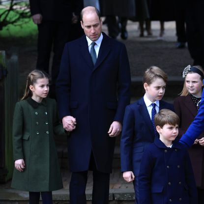 Princess Charlotte, Prince William, Prince of Wales, Prince George, Prince Louis, Mia Tindall and Catherine, Princess of Wales attend the Christmas Morning Service at Sandringham Church on December 25, 2023 in Sandringham, Norfolk.