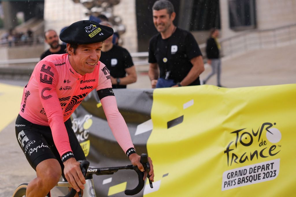 EF Education Easyposts Colombian rider Rigoberto Uran cycles to the stage during the official teams presentation near the Guggenheim Museum Bilbao in Bilbao northern Spain on June 29 2023 two days prior to the start of the 110th edition of the Tour de France cycling race Photo by Thomas SAMSON AFP Photo by THOMAS SAMSONAFP via Getty Images