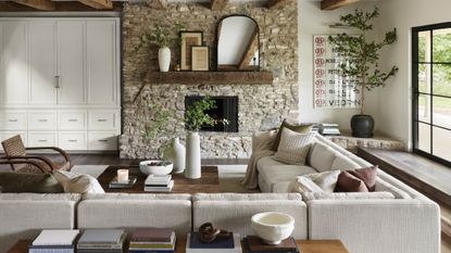 Beige living room designed by Joanna Gaines