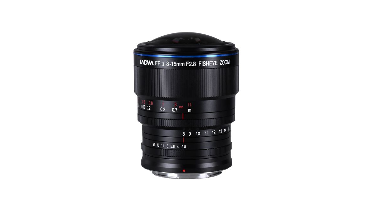 An image of the Laowa 8-15mm f/2.8 on a white background