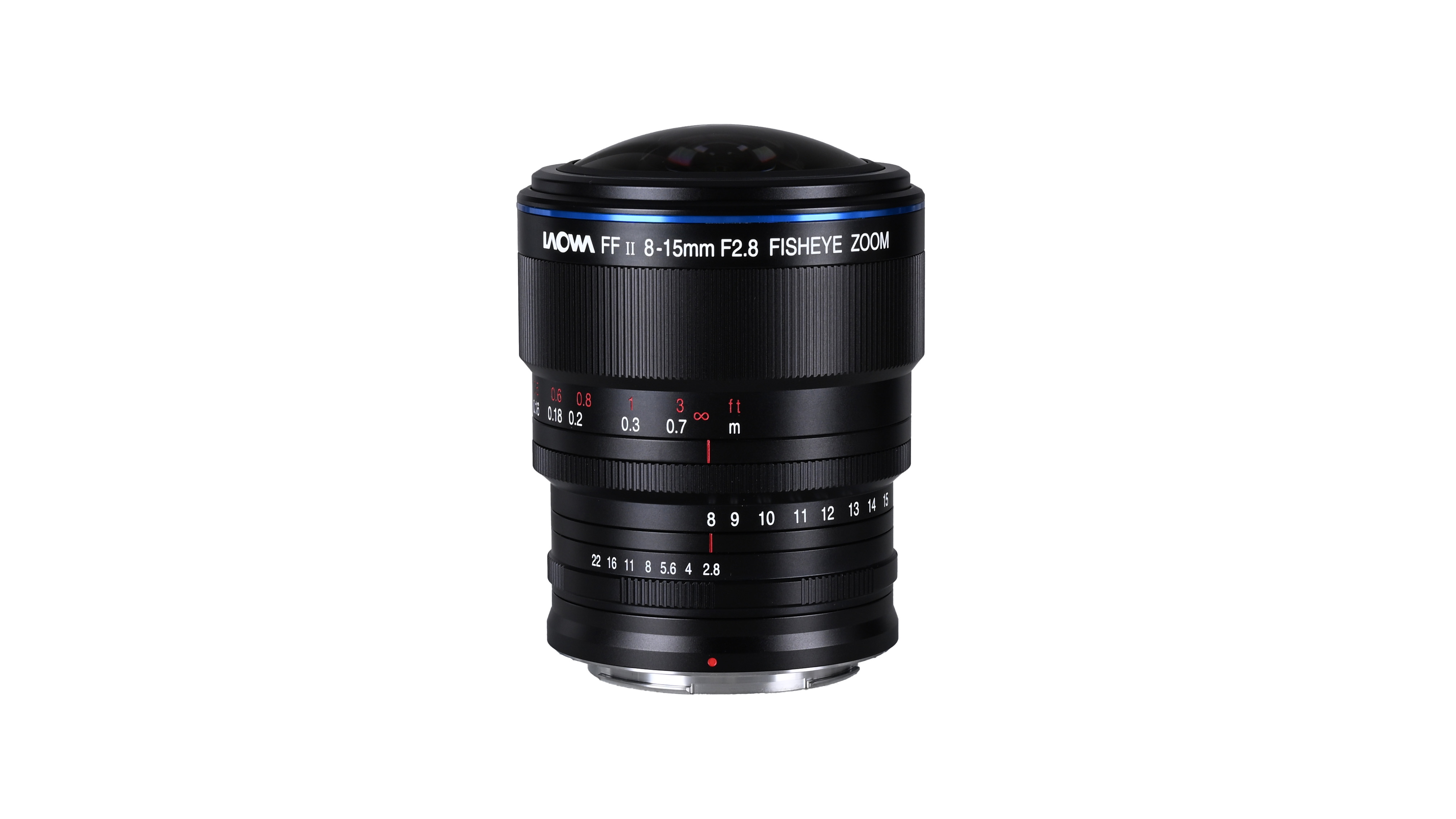 An image of the Laowa 8-15mm f/2.8 on a white background