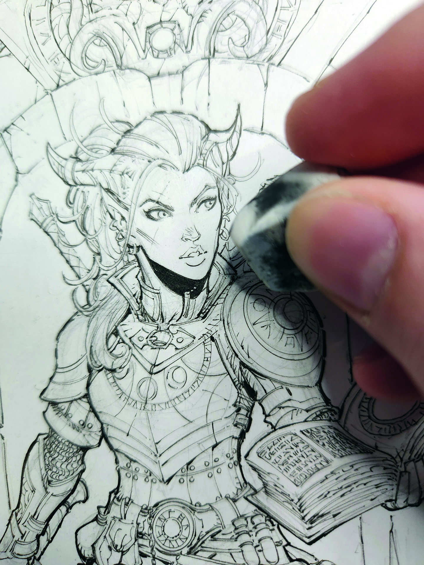 An image showing a step from a drawing tutorial on how to draw a fantasy character in pencil, pen and marker