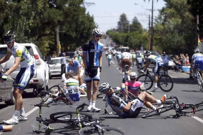 Graeme Brown (Blanco) picks himself up after a crash