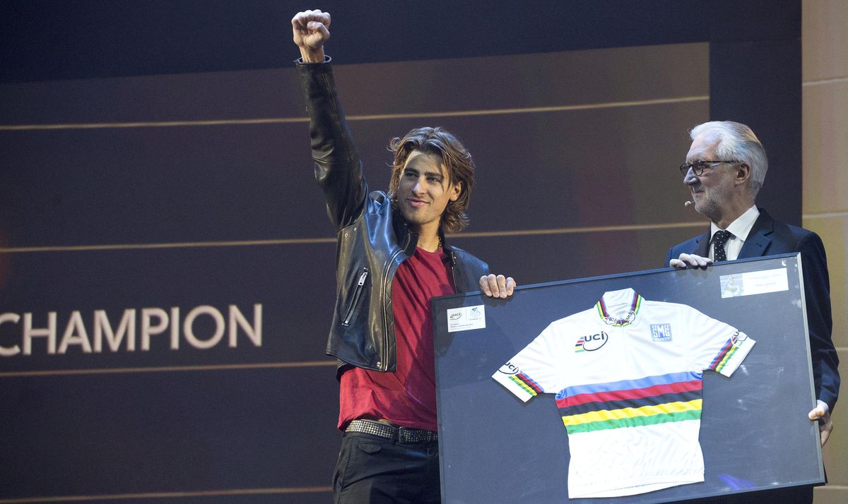 2015 UCI Road Race World Champion Peter Sagan salutes the crowd