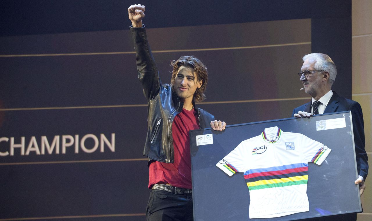 2015 UCI Road Race World Champion Peter Sagan salutes the crowd