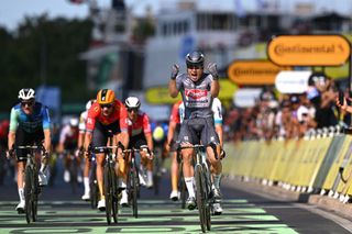 NIMES FRANCE JULY 16 Jasper Philipsen of Belgium and Team Alpecin Deceuninck celebrates at finish line as stage winner during the 111th Tour de France 2024 Stage 16 a 1886km stage from Gruissan to Nimes UCIWT on July 16 2024 in Nimes France Photo by Tim de WaeleGetty Images