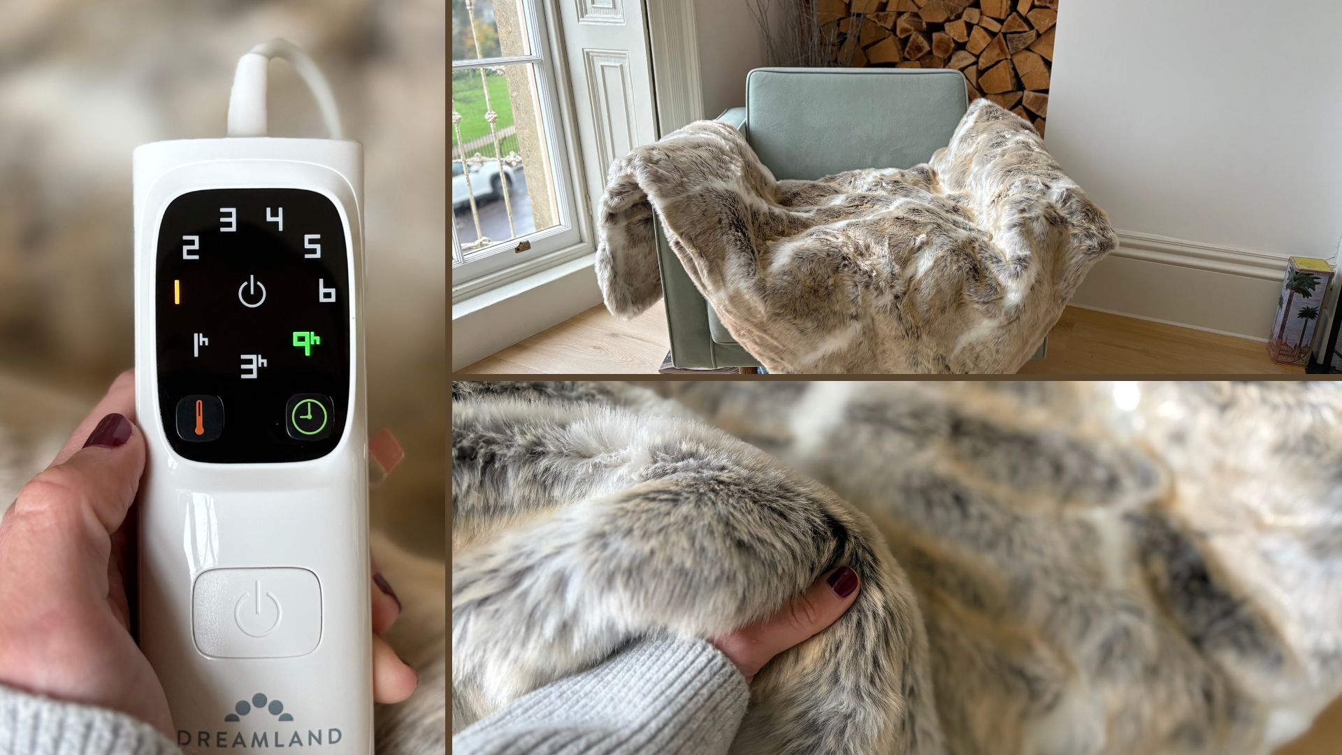 Three shots showing the controls, texture, and appearance of the Hygge Days Luxury Faux Fur Warming Throw