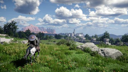 A man riding on horseback over a lush green field, riding toward a distant city beneath blue skies