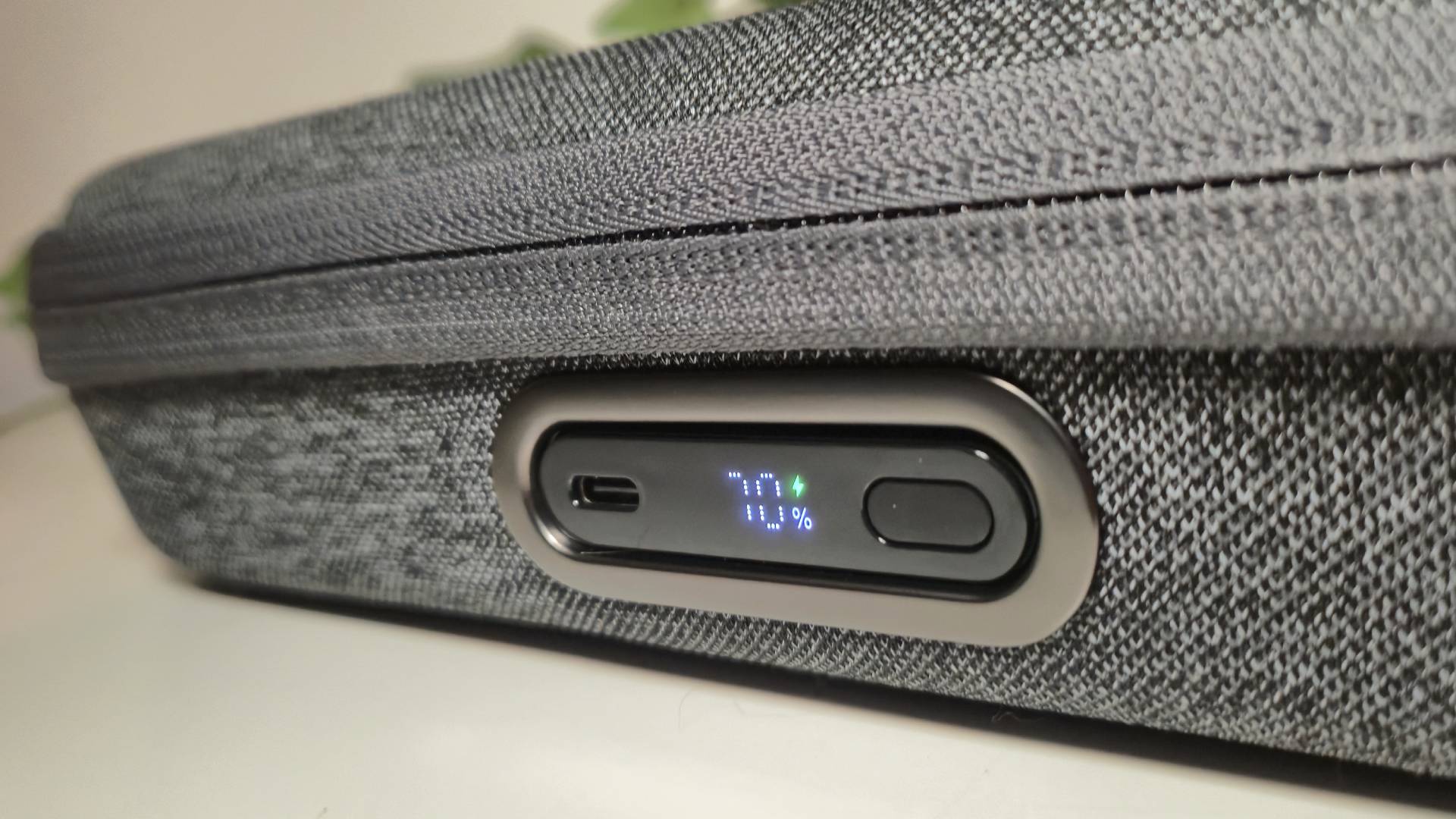 Close up of the LED battery indicator displaying 70% charge is remaining.