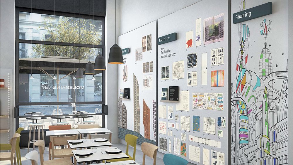 An exhibition space features sketches, notes and doodles