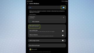Samsung Link to Windows settings page, showing the On toggle and Microsoft Account highlighted