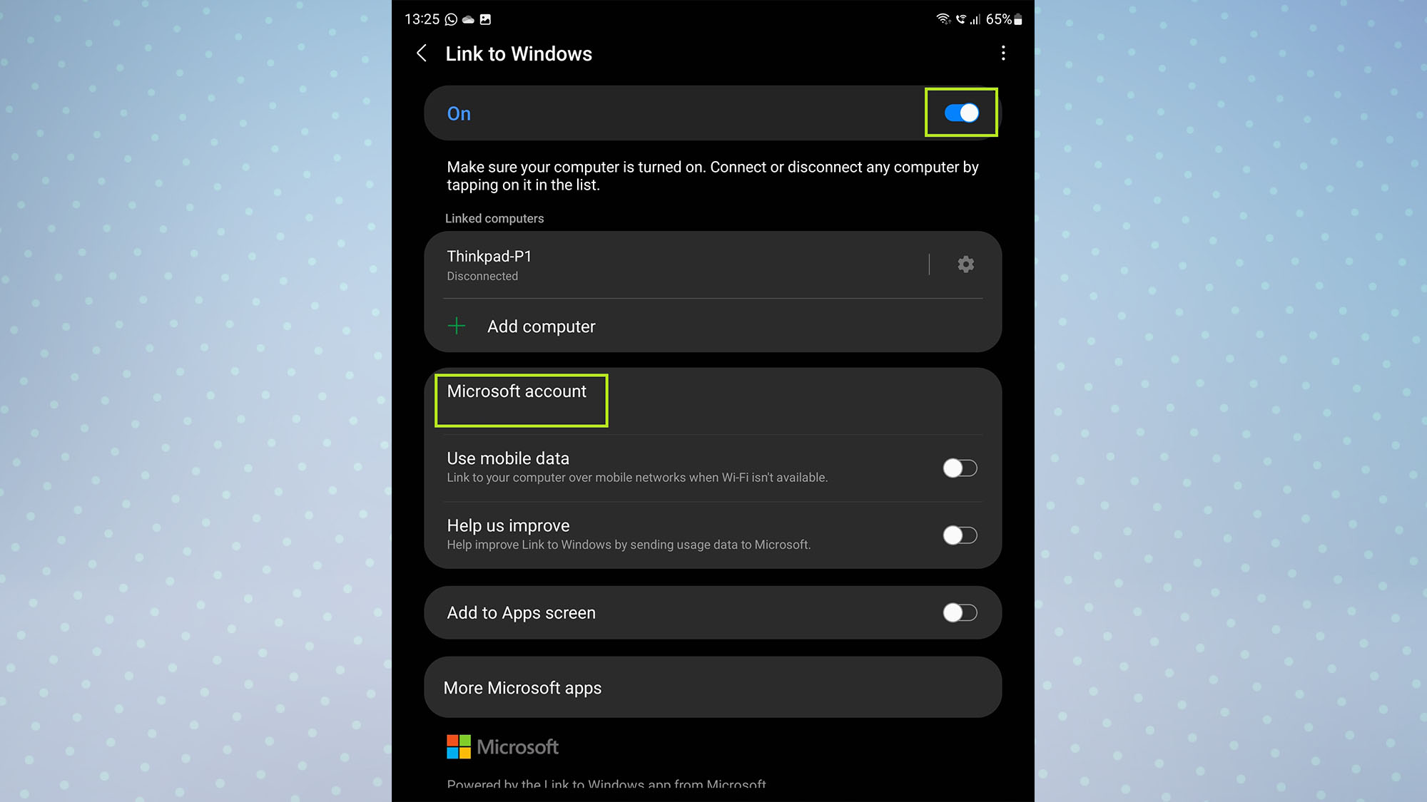 Samsung Link to Windows settings page, which shows the power key and your premium Microsoft account