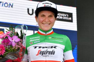 Italian champion Elisa Longo Borghini (Trek-Segafredo) celebrates a victory at 2021 GP de Plouay