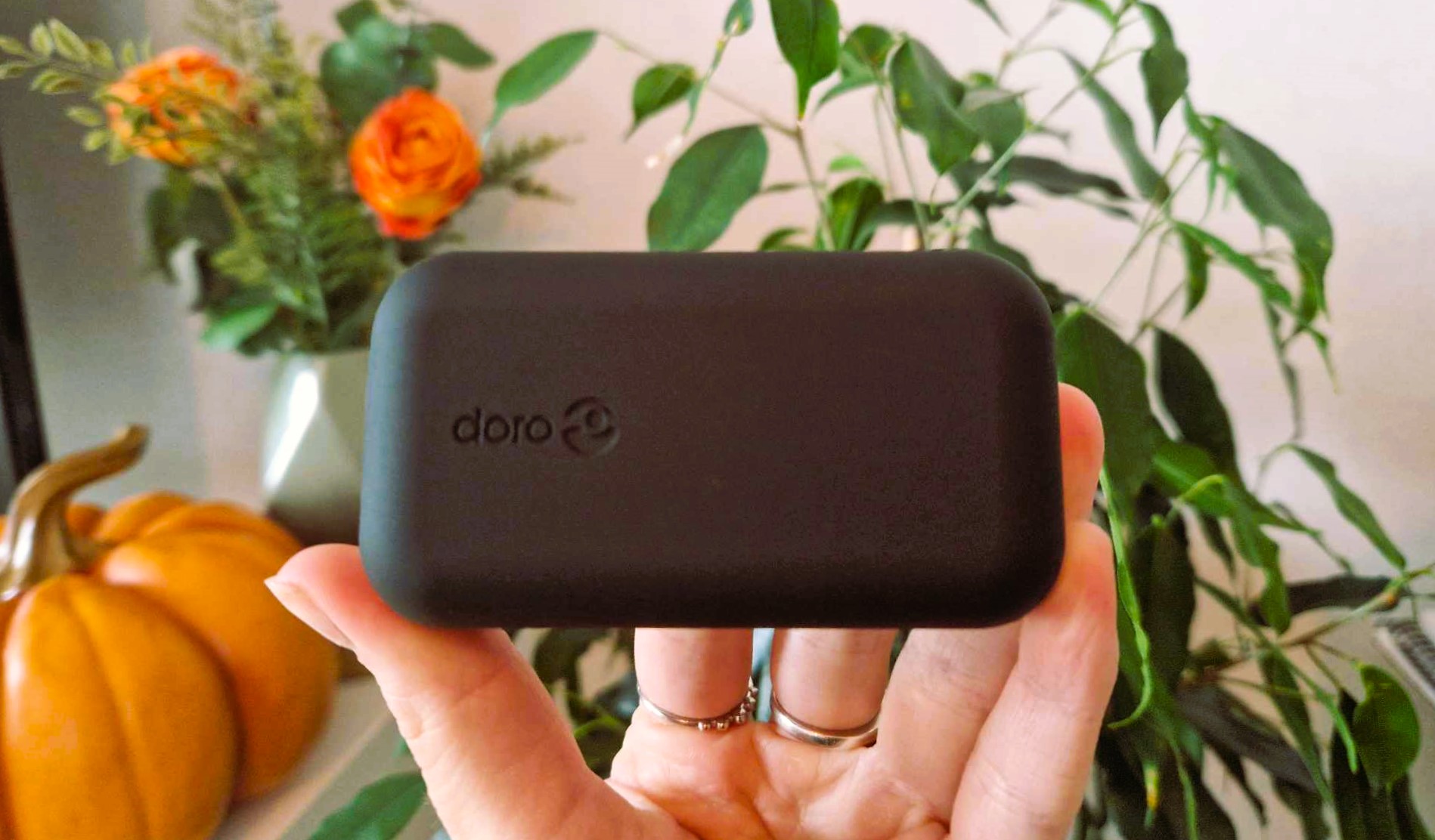 En hand håller upp ett par Doro Hearingbuds som ligger i deras tillhörande laddningsfodral, framför ett par växter i höstfärger.