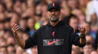 Jurgen Klopp gestures during Liverpool's 0-0 draw against Everton at Goodison Park.