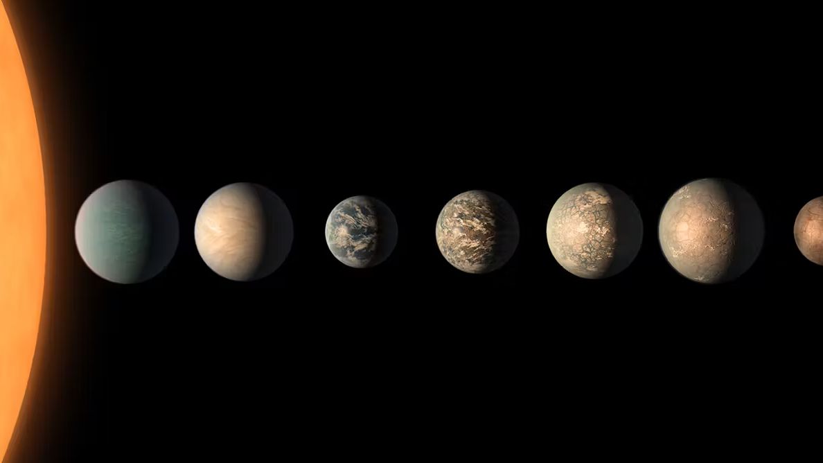 the large arching bulge of a star peaks into the image on the left, followed by six and a half planets of varying but similar size, each with different surface colors and features. 