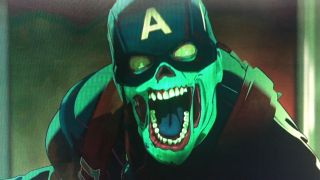 Een gezombificeerde Captain America brult recht in de camera in Marvel Studios' What If...? seizoen 1