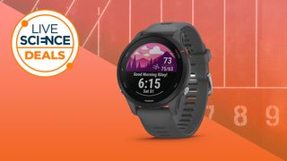 A live Science deal logo and the Garmin Forerunner 255 smartwatch on an orange background