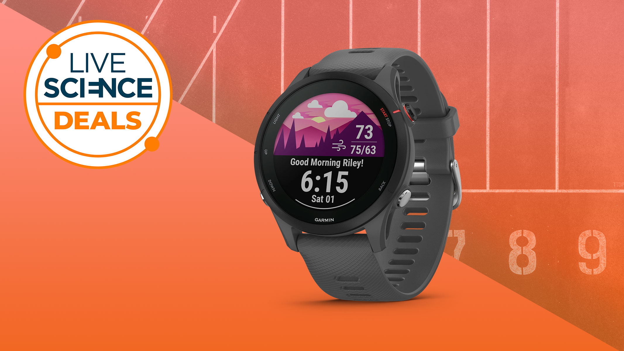 A live Science deal logo and the Garmin Forerunner 255 smartwatch on an orange background