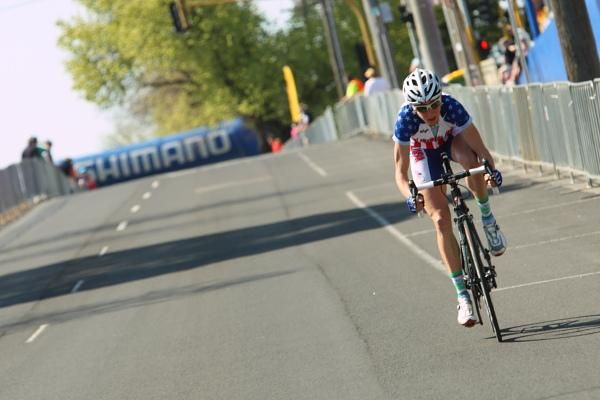 Kath Mattis (United States) made a solo break just after the summit of start / finish street, Moorabool Street