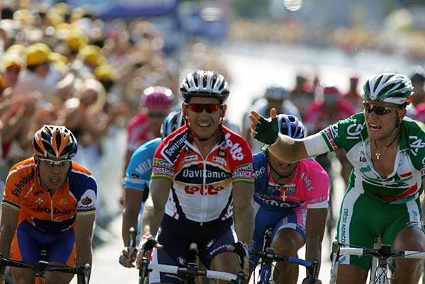 Thor Hushovd (Credit Agricole) protests his tangle with McEwen during the sprint.