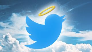The Twitter logo: a blue bird with a halo above clouds in the sky
