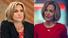 Emily Maitlis in real life and in Scoop played by Gillian Anderson