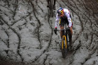 HULST NETHERLANDS JANUARY 03 Wout Van Aert of Belgium and Team Jumbo Visma Mud during the 5th Vestingcross World Cup 2021 Mens Elite CX Vestingcross CXWorldCup Hulst on January 03 2021 in Hulst Netherlands Photo by Luc ClaessenGetty Images