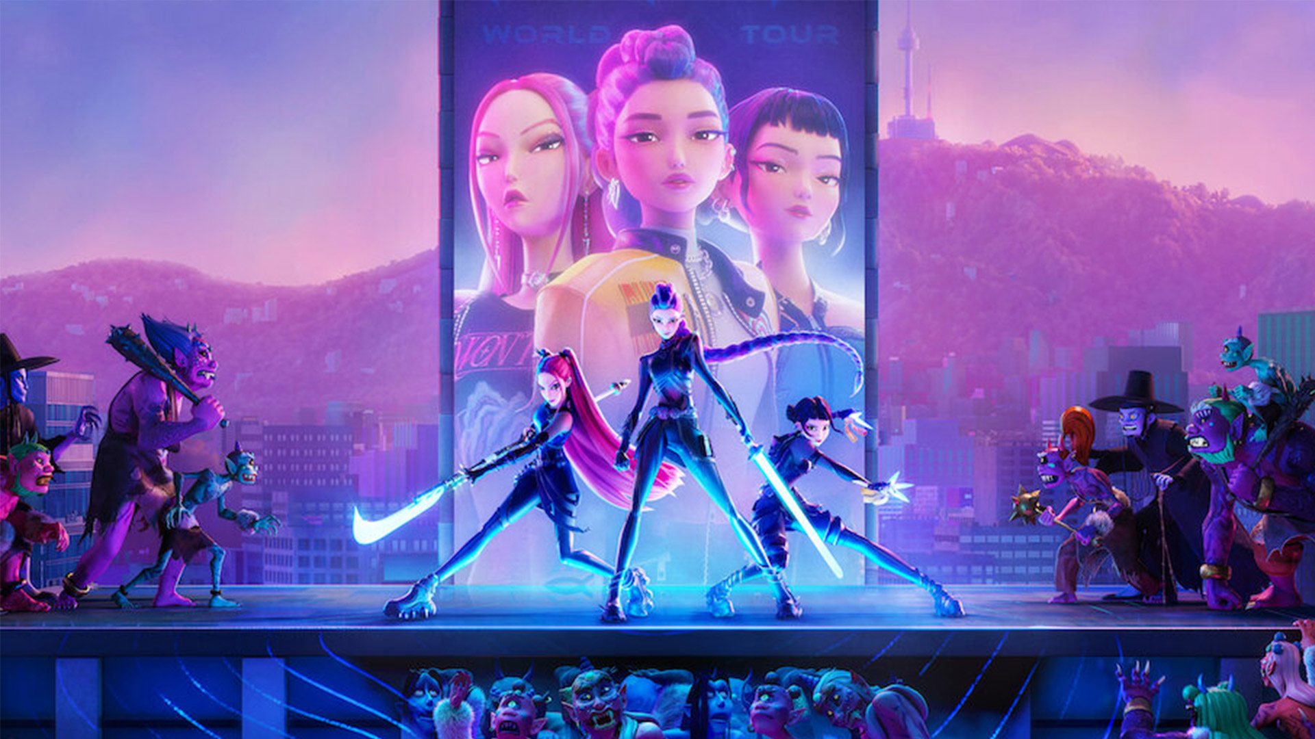 Three animated characters pose on a stage with swords as demons surround them in a still from KPop Demon Hunters