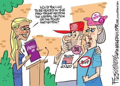 Political cartoon U.S. partisan politics republican democrat conservative liberal restaurant