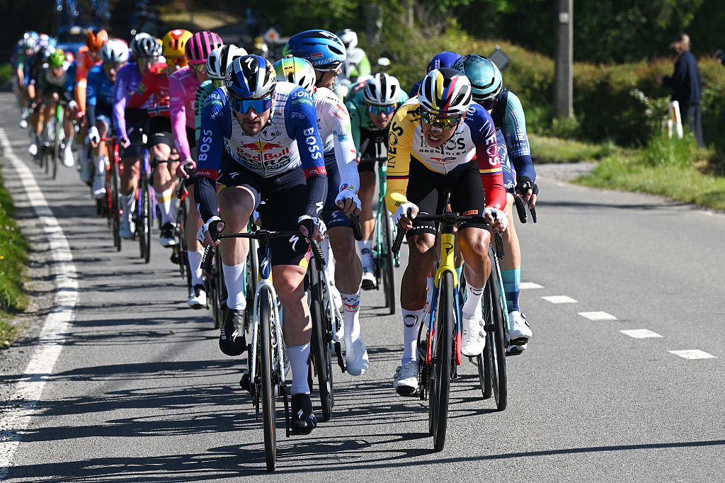 Nico Denz of Germany and Egan Bernal in the breakaway during Liege-Bastogne-Liege