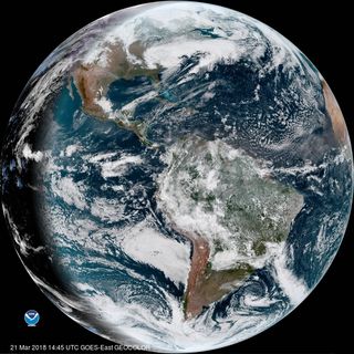 The GOES East satellite captured full view of Earth on March 21, 2018, as a massive snowstorm battered mid-Atlantic states on the U.S. East Coast.