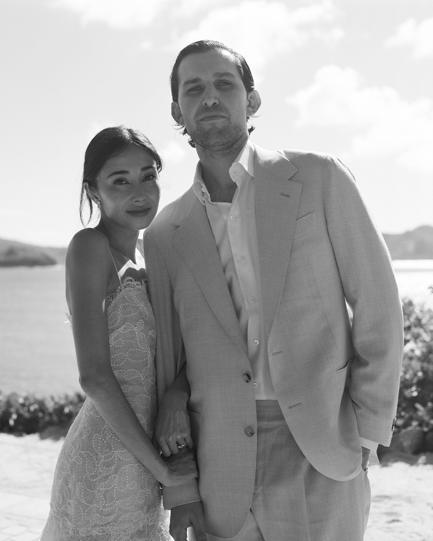 Alexis and Andrew in their wedding outfits.