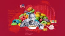 Child eating ab unhealthy breakfast cereal against a red backdrop decorated with colorful Fruit Loops, an American flag, and a spoon filled with sugar cubes