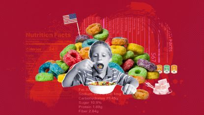 Child eating ab unhealthy breakfast cereal against a red backdrop decorated with colorful Fruit Loops, an American flag, and a spoon filled with sugar cubes