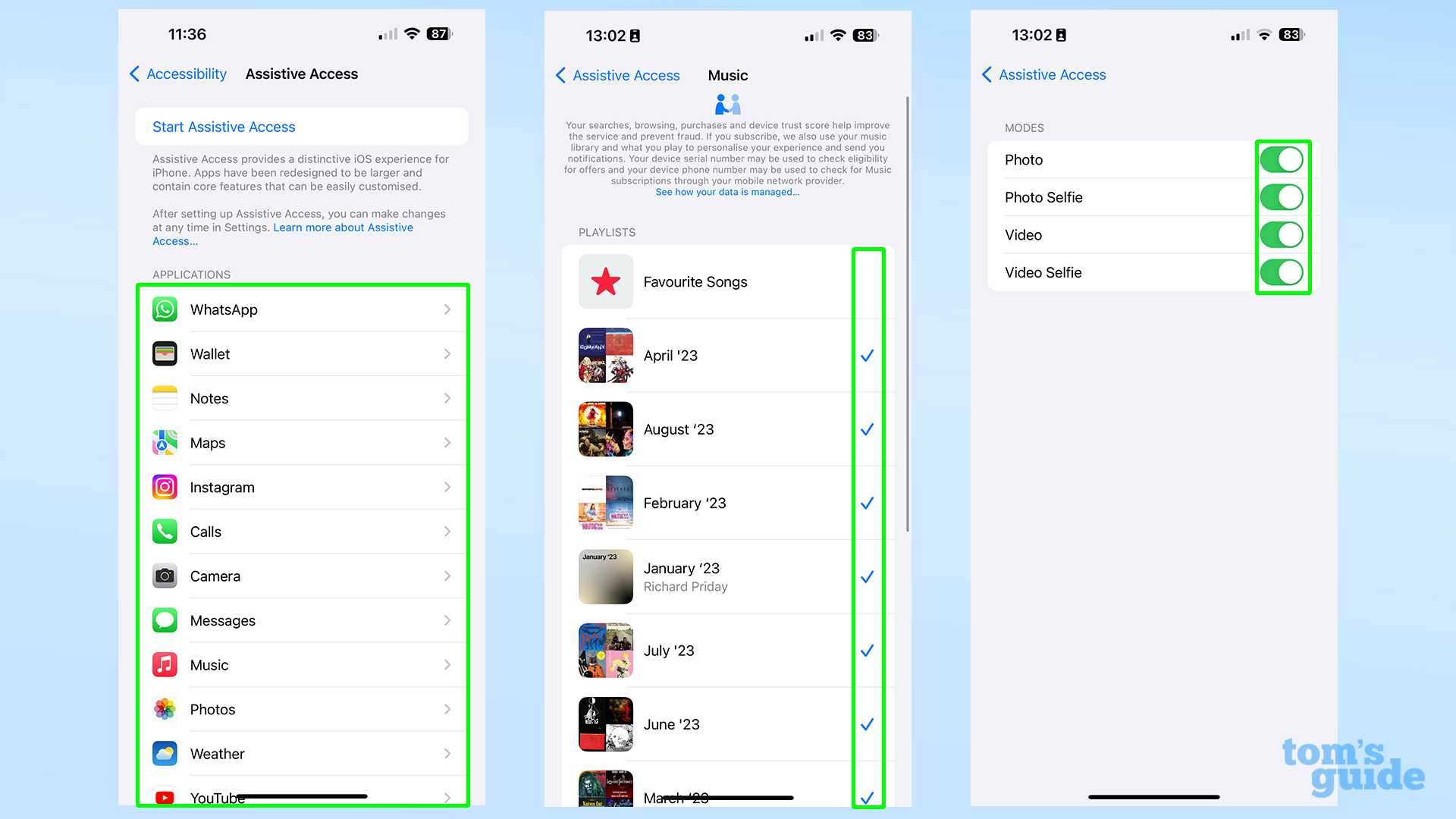 Снимки экрана, показывающие настройку Apple Music и камеры в вспомогательном доступе в iOS 17.