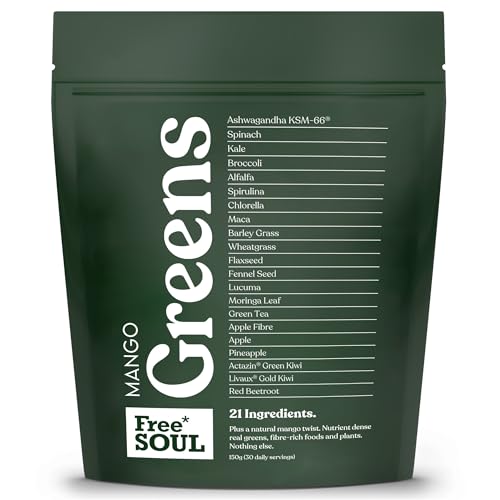 Free Soul Greens | 21 Advanced Greens, Superfoods, and Adaptogens Including Ksm-66 Ashwagandha, Vegan &amp;amp; Gluten-Free, Advanced Natural Formula | Uk Made | 30 Servings | Mango Flavour
