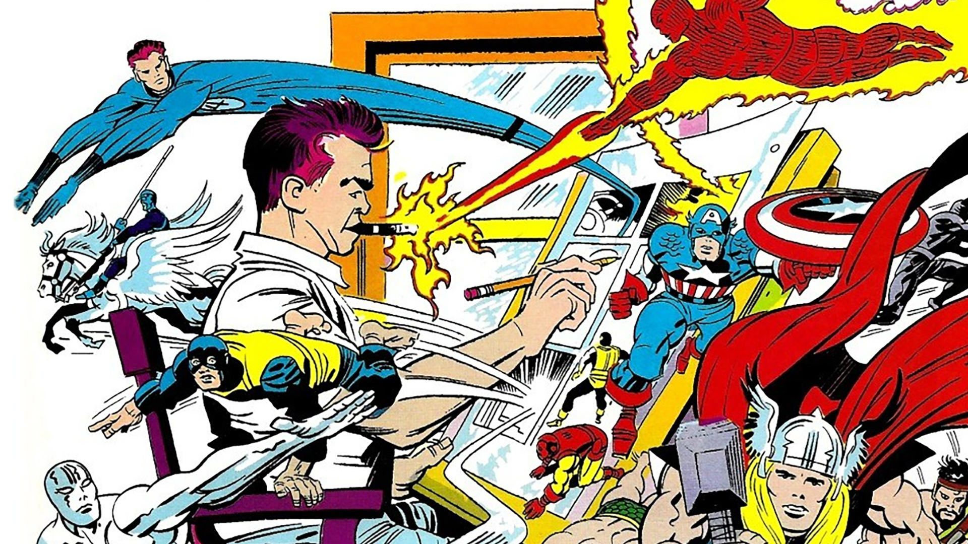 Self-portrait of Jack Kirby sitting at a drafting table surrounded by many of his Marvel Comics creations