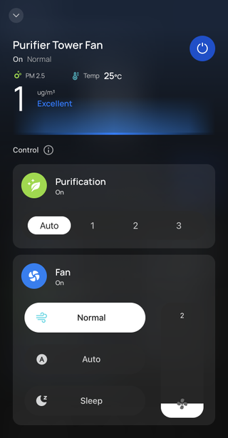 Dreo app displaying fan and purification settings for MC710S Air Purifier Tower Fan