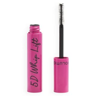 An opened pink mascara wand and tube by Revolution.