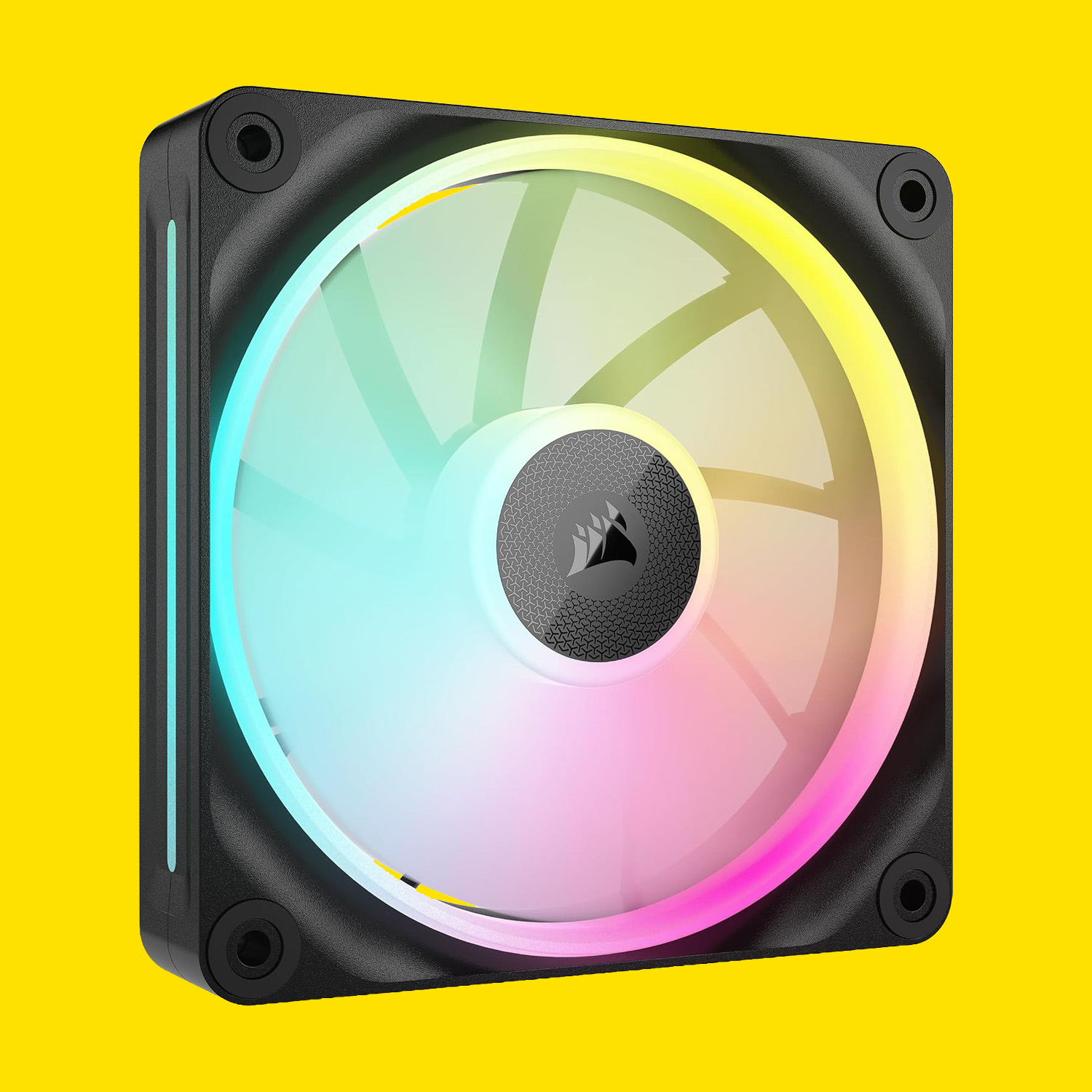 A Corsair fan on a yellow background.
