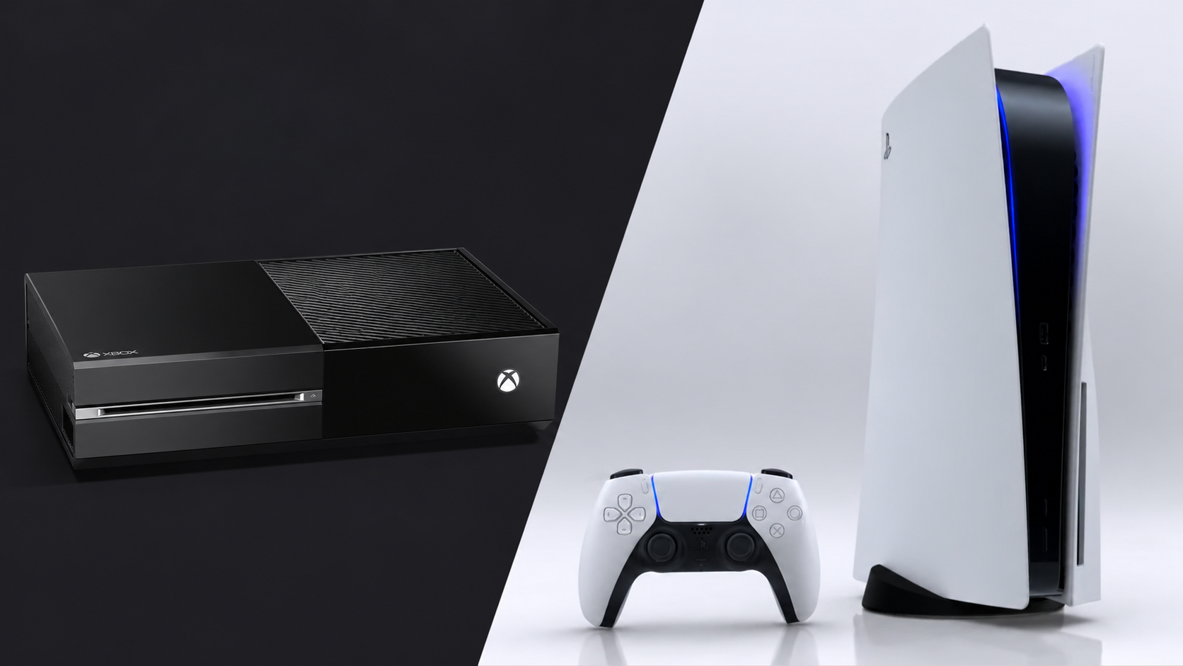 Microsoft's Xbox One console on a dark grey background next to Sony's PlayStation 5 console on a light background
