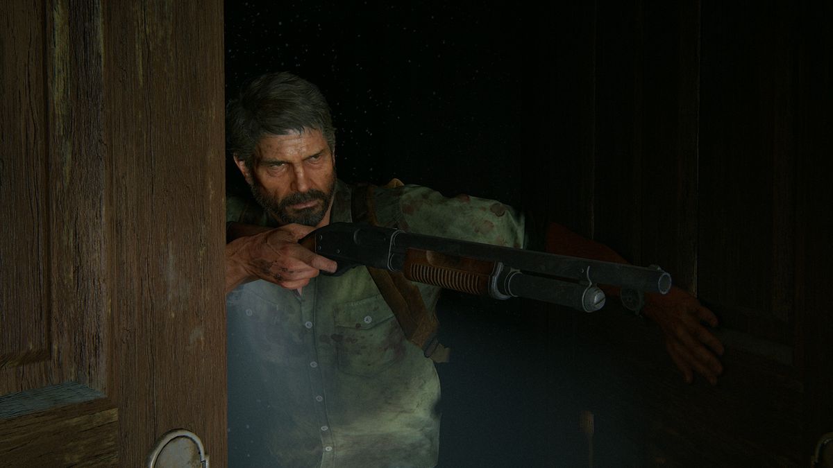 Joel aiming a shotgun in The Last of Us Part 2 Remastered