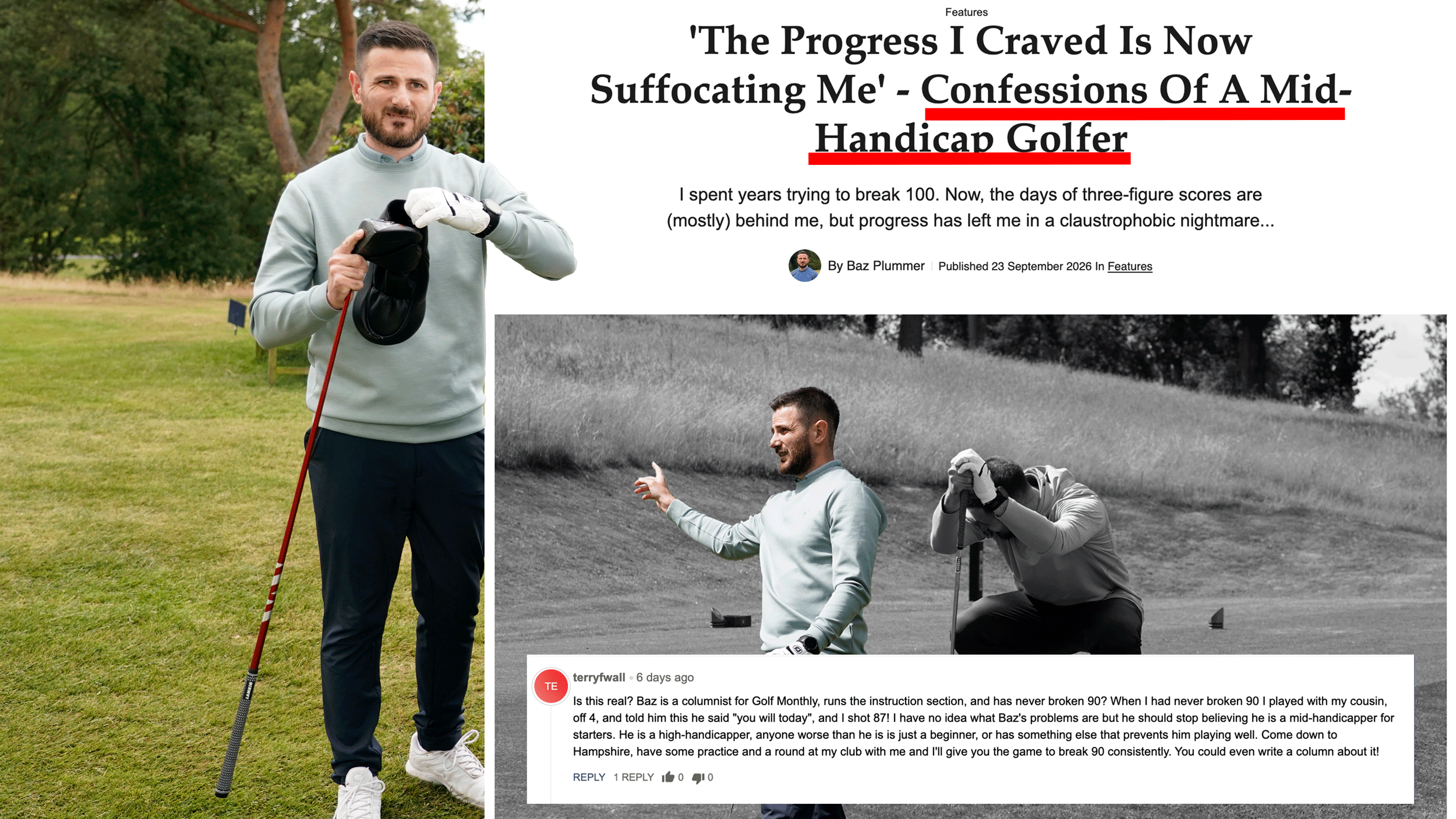 Baz Plummer grimacing as he looks at an article which he wrote about being a mid-handicap golfer, with user generated comments telling him he isn't and that he is actually a high-handicap golfer