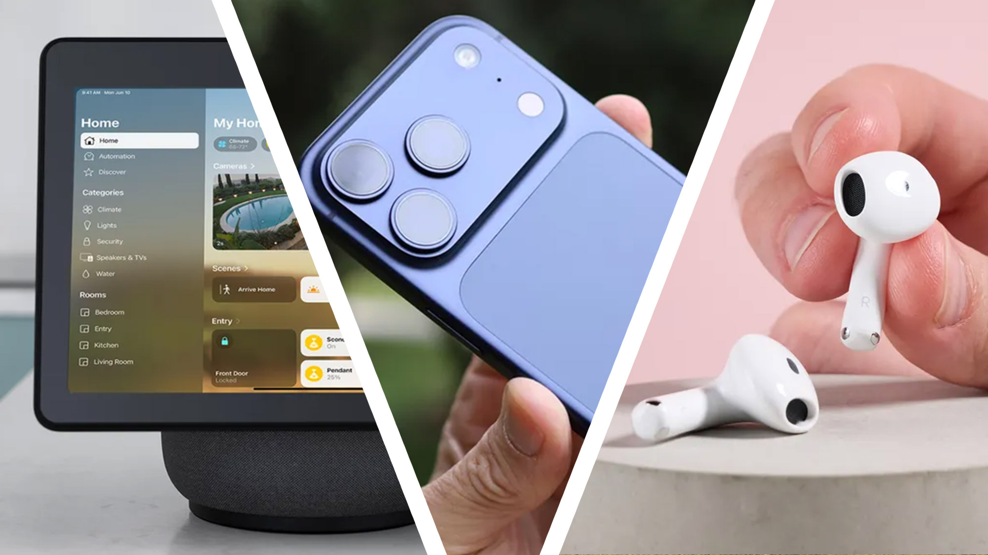A collage image showing the rumored new Home Hub display, iPhone 18 Pro and AirPods 4 