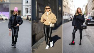 A composite of street style influencers showing how to style leather leggings at loungewear