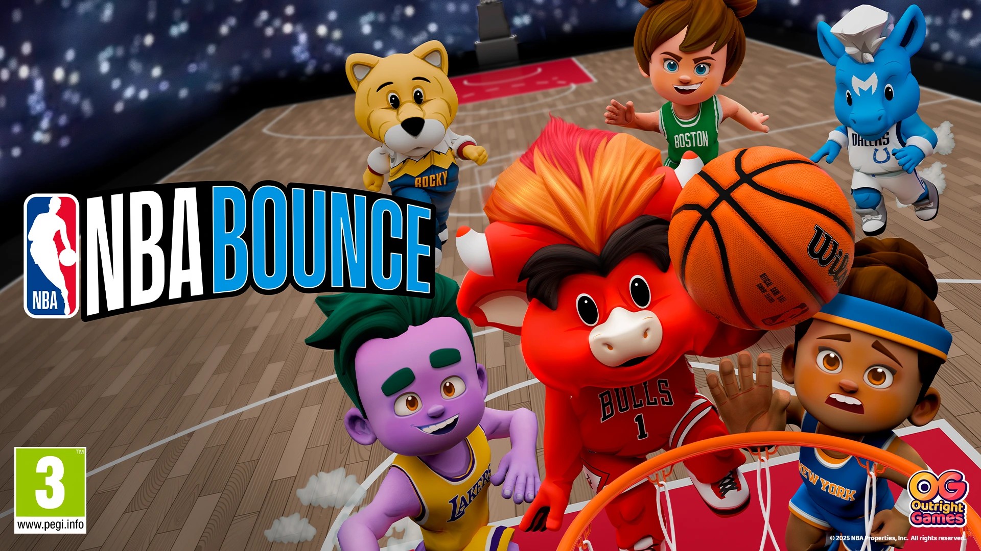 NBA Bounce promotional banner showing various mascots playing basketball in an indoor court