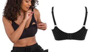 Woman wearing black nursing sleep bra