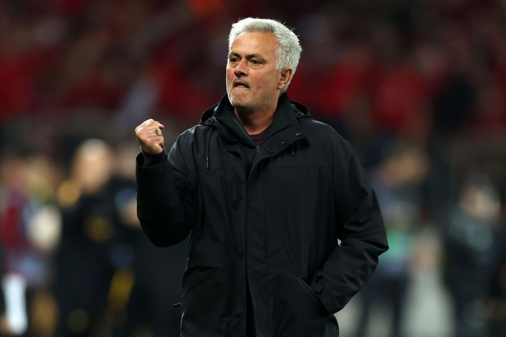 LEVERKUSEN, GERMANY - MAY 18: Jose Mourinho, Head Coach of AS Roma, celebrates after the UEFA Europa League semi-final second leg match between Bayer 04 Leverkusen and AS Roma at BayArena on May 18, 2023 in Leverkusen, Germany. (Photo by Lars Baron/Getty Images)